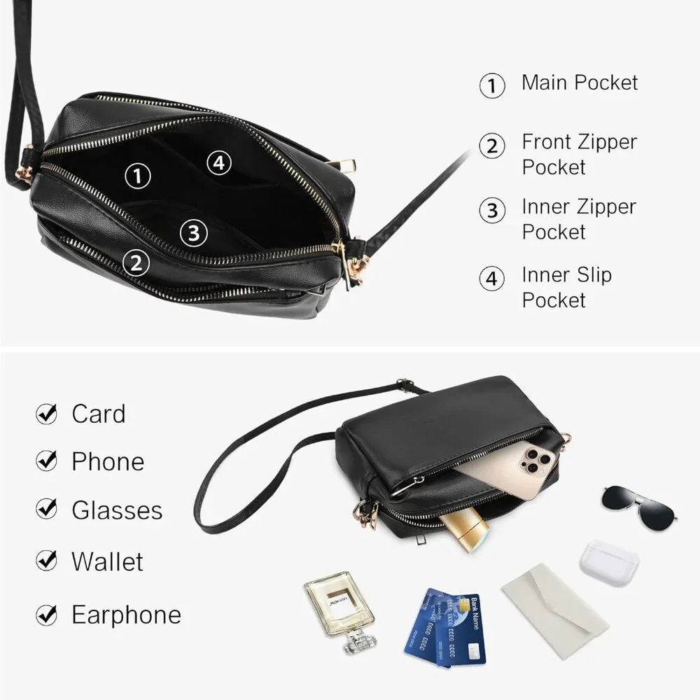 💫 Women Black Leather Cross body Purse Triple Zip Ajustable Strap Shoulder Bag